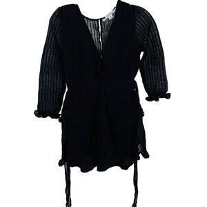 HYFVE Black Knit Sheer Ruched Lightweight LS Belt Tie Goth Witchy Top S